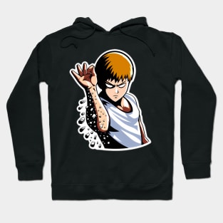 Reigen using his iconic "salt splash" Hoodie